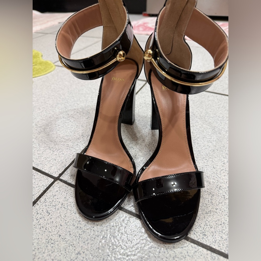 Boss Black Patent Leather Heels with Gold Accents
